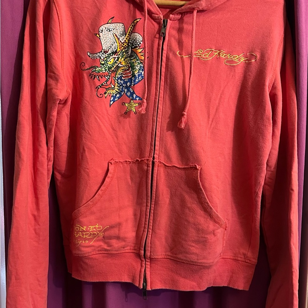 Ed Hardy Rhinestone Coral Pink Zip-Up Hoodie with Dragon Design